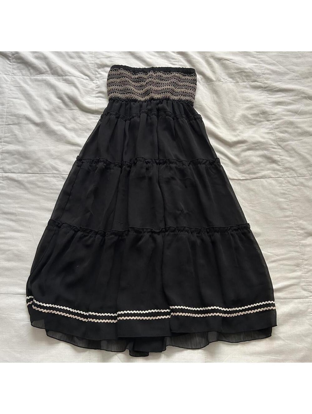 Axes Femme Black Strapless Tiered Dress Shirred Bodice Ric Rac Trim M Japan